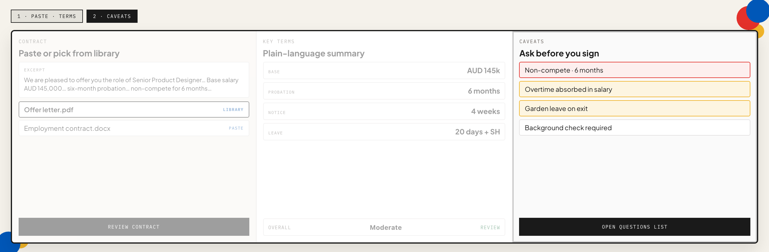 Upload PDF → terms · caveats