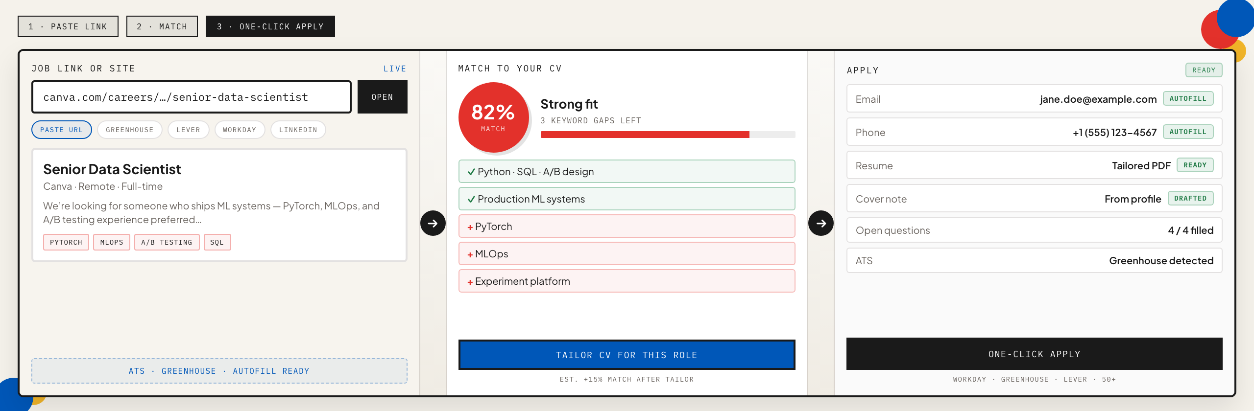 Paste link → match → one-click apply